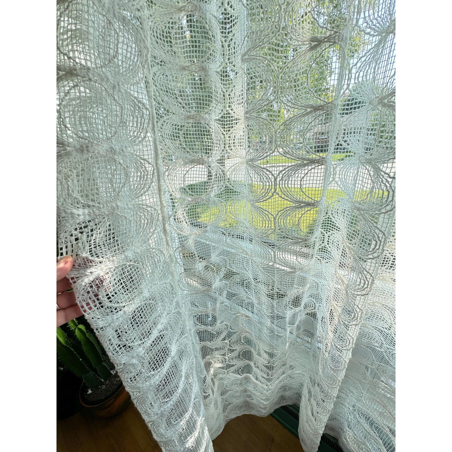 Vintage 70s pleated curtain, cream abstract circle pattern, mesh panel