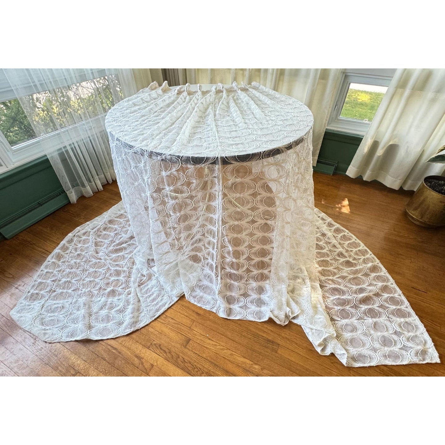 Vintage 70s pleated curtain, cream abstract circle pattern, mesh panel