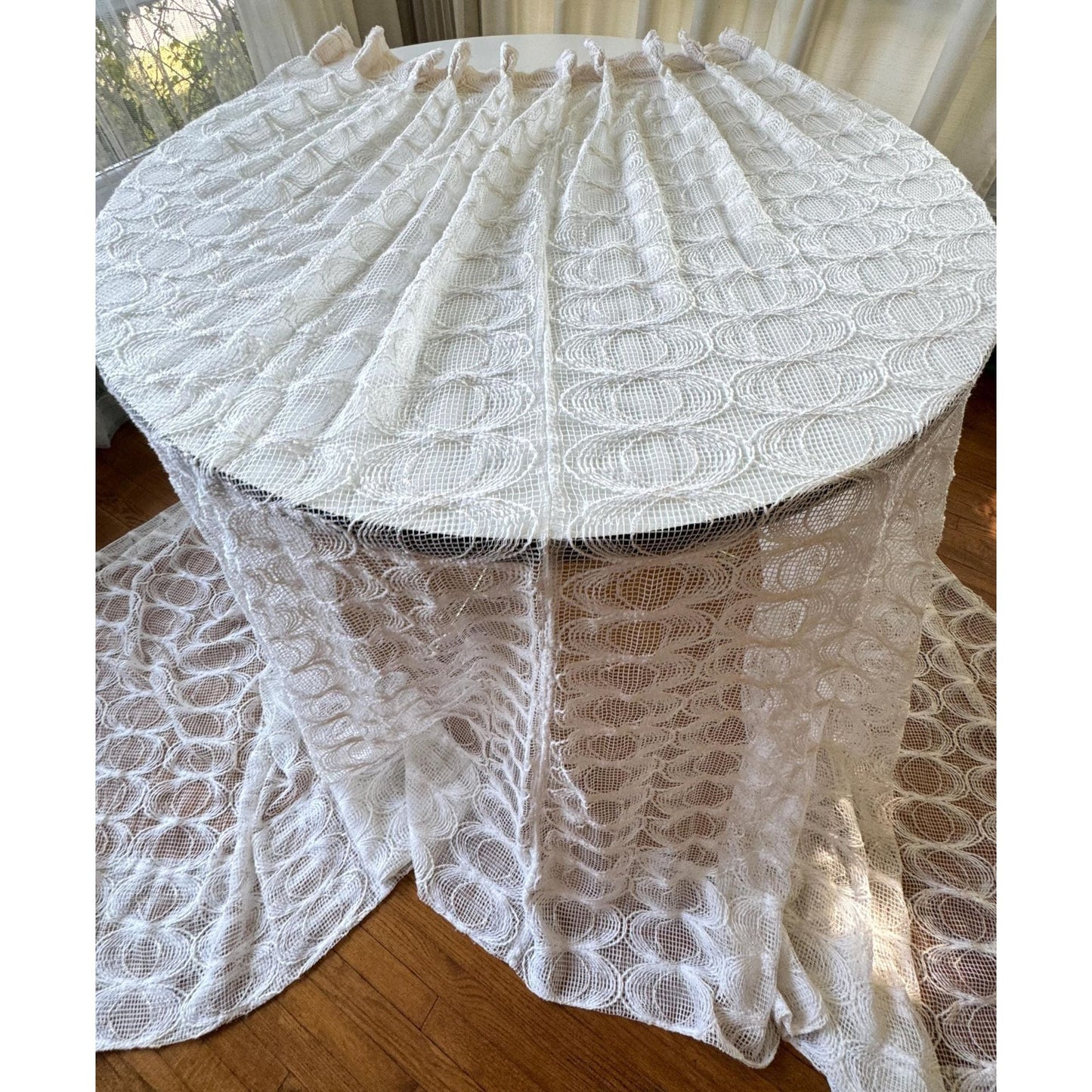 Vintage 70s pleated curtain, cream abstract circle pattern, mesh panel