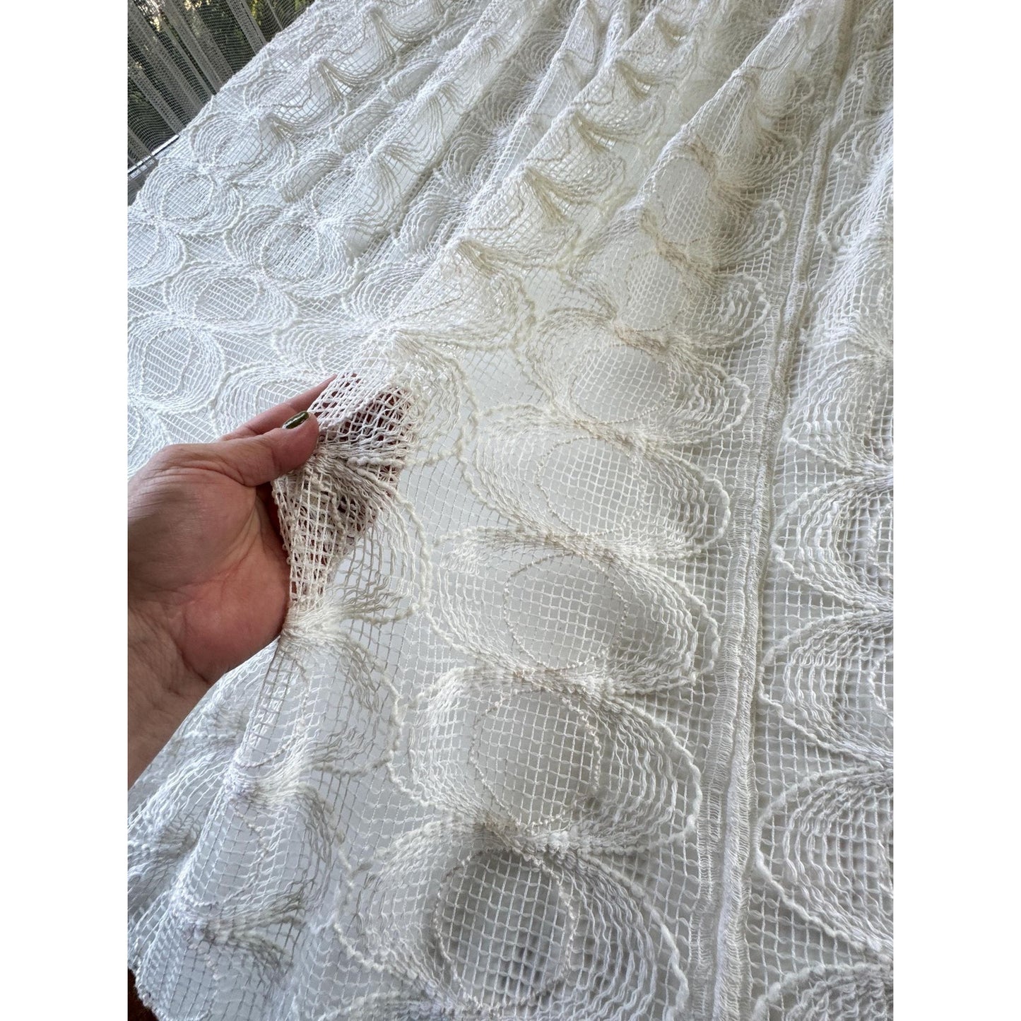 Vintage 70s pleated curtain, cream abstract circle pattern, mesh panel