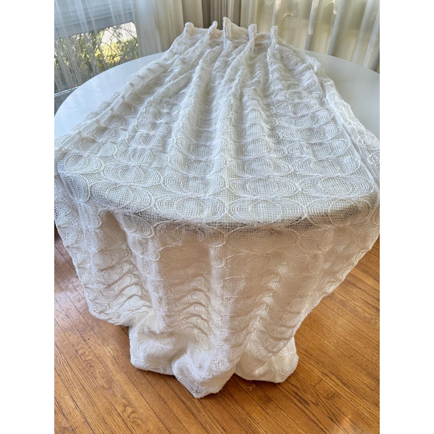 Vintage 70s pleated curtain, cream abstract circle pattern, mesh panel