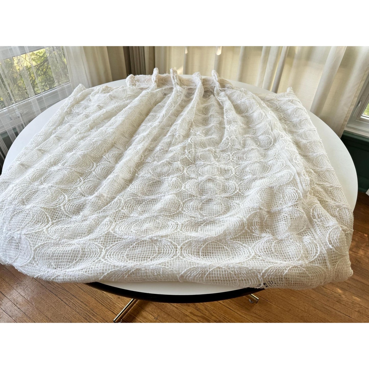 Vintage 70s pleated curtain, cream abstract circle pattern, mesh panel