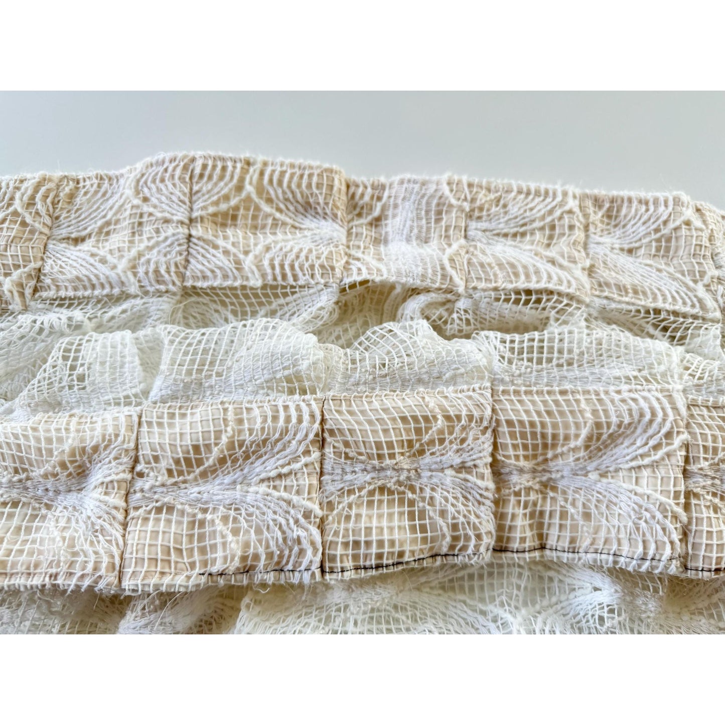 Vintage 70s pleated curtain, cream abstract circle pattern, mesh panel