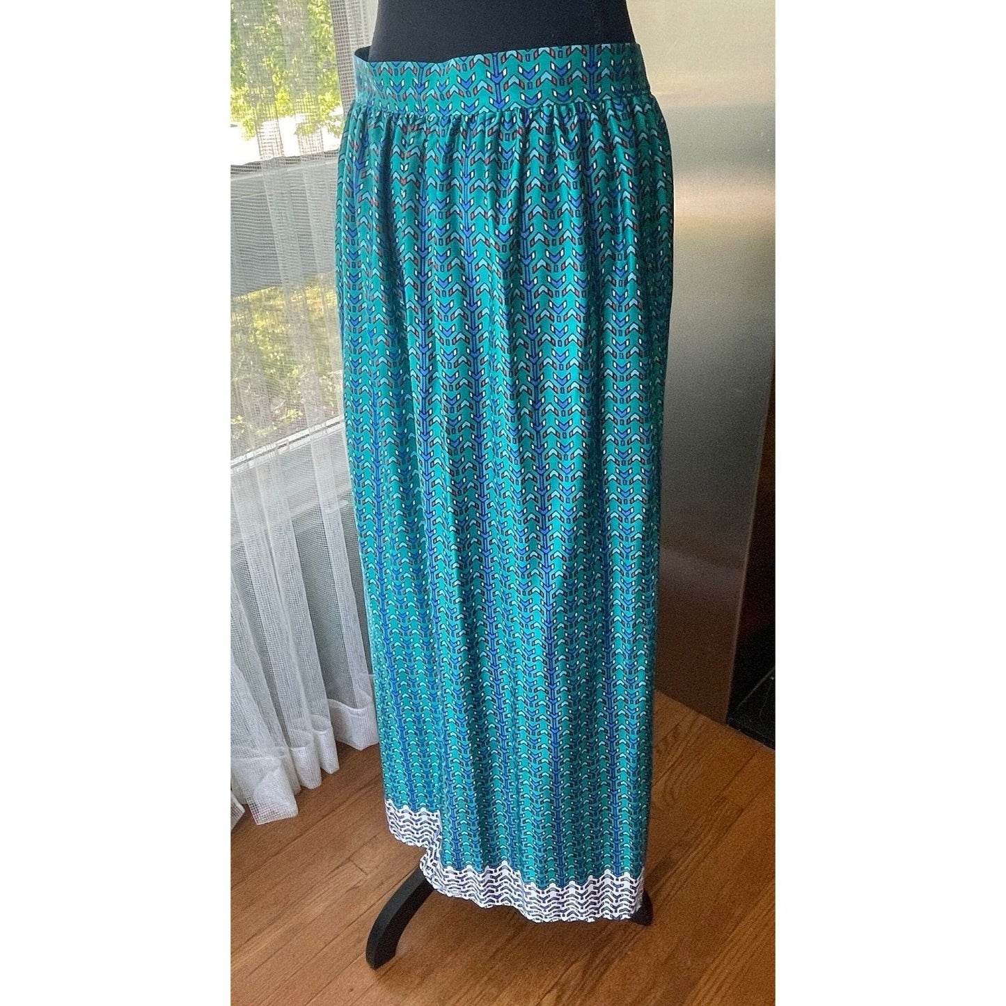 Vintage 80s wrap skirt, teal and blue, ankle length, Oleg Cassini