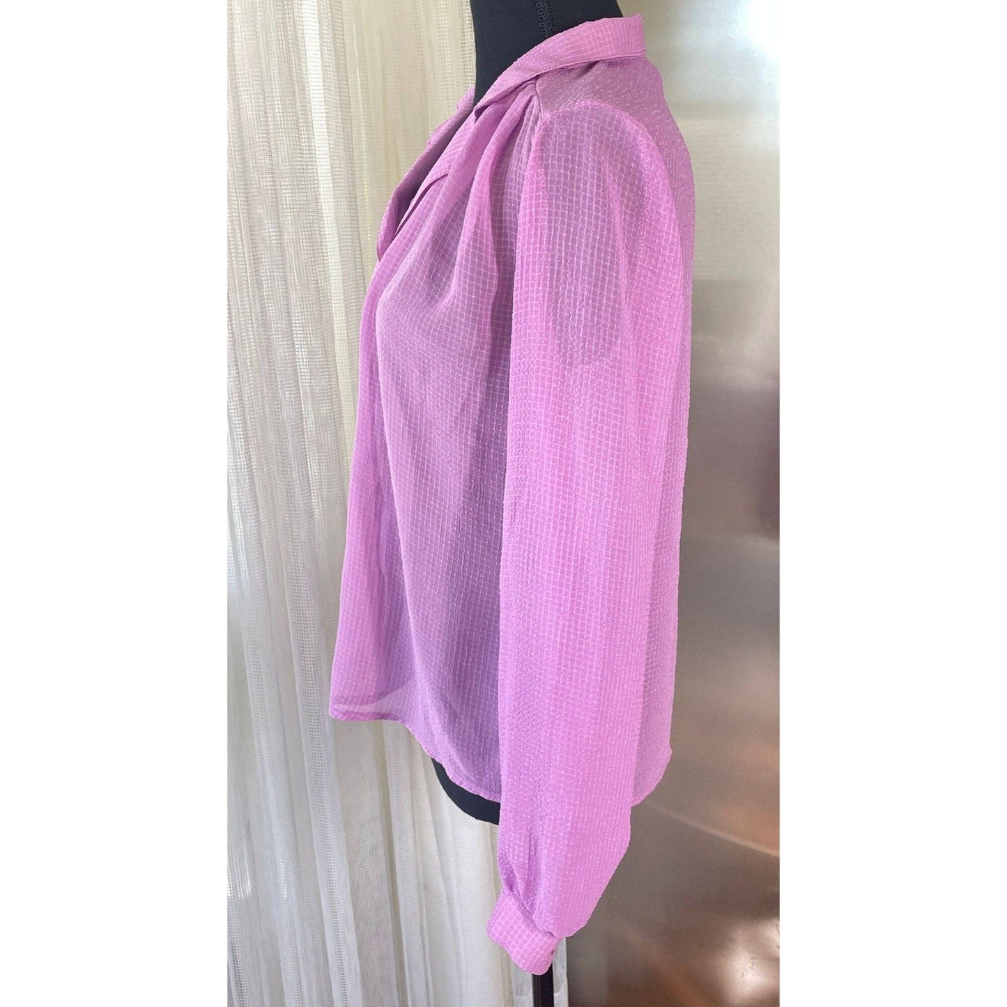 Vintage 80s sheer blouse, pink textured, long sleeves