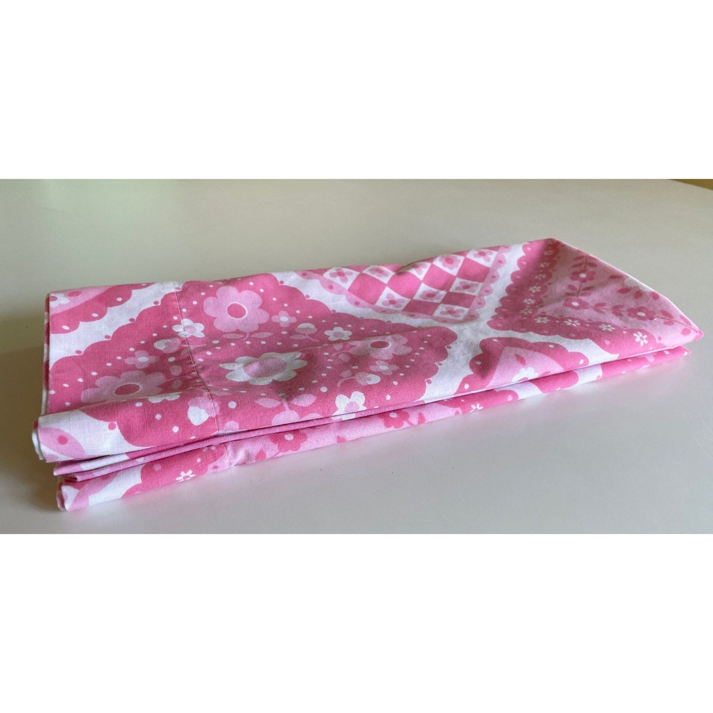 Vintage 70s pillowcases set, pink patchwork floral