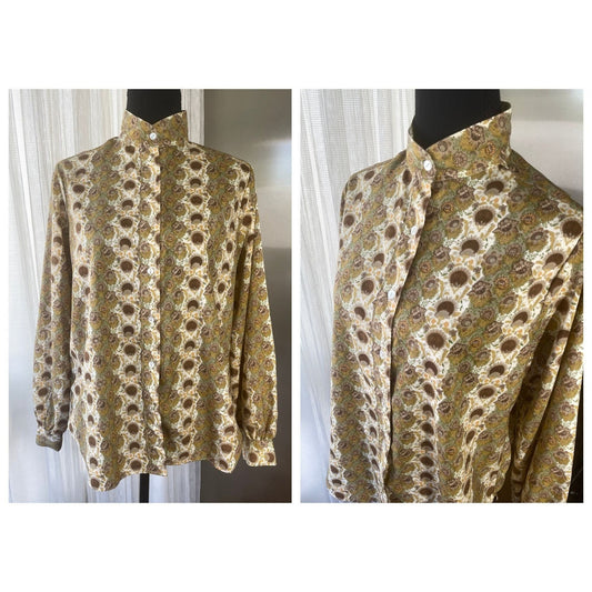 Vintage 80s satin blouse, green sunflowers pattern, long sleeves