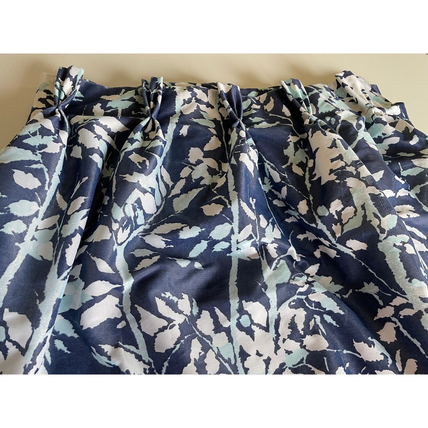 Vintage 60s pleated curtain, large blue flowers