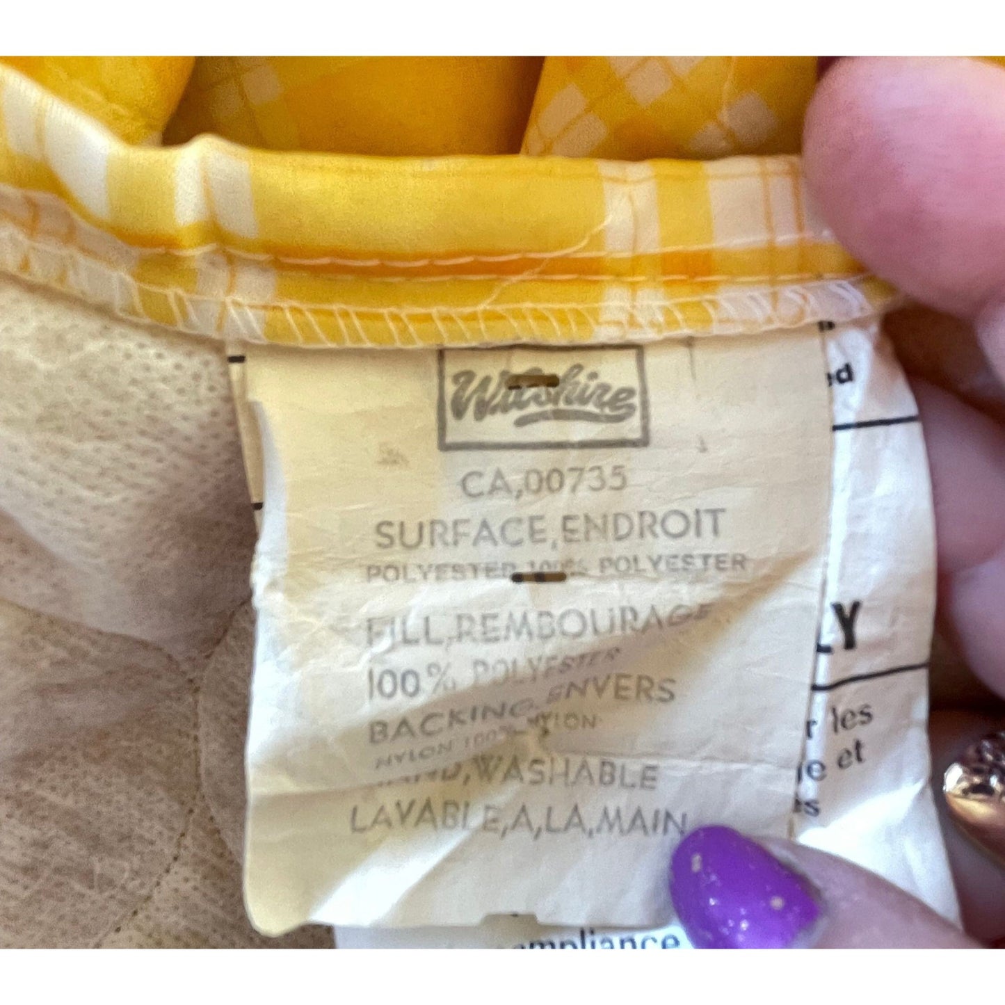 Vintage 70s quilted bedspread, yellow plaid ruffled satin, twin size