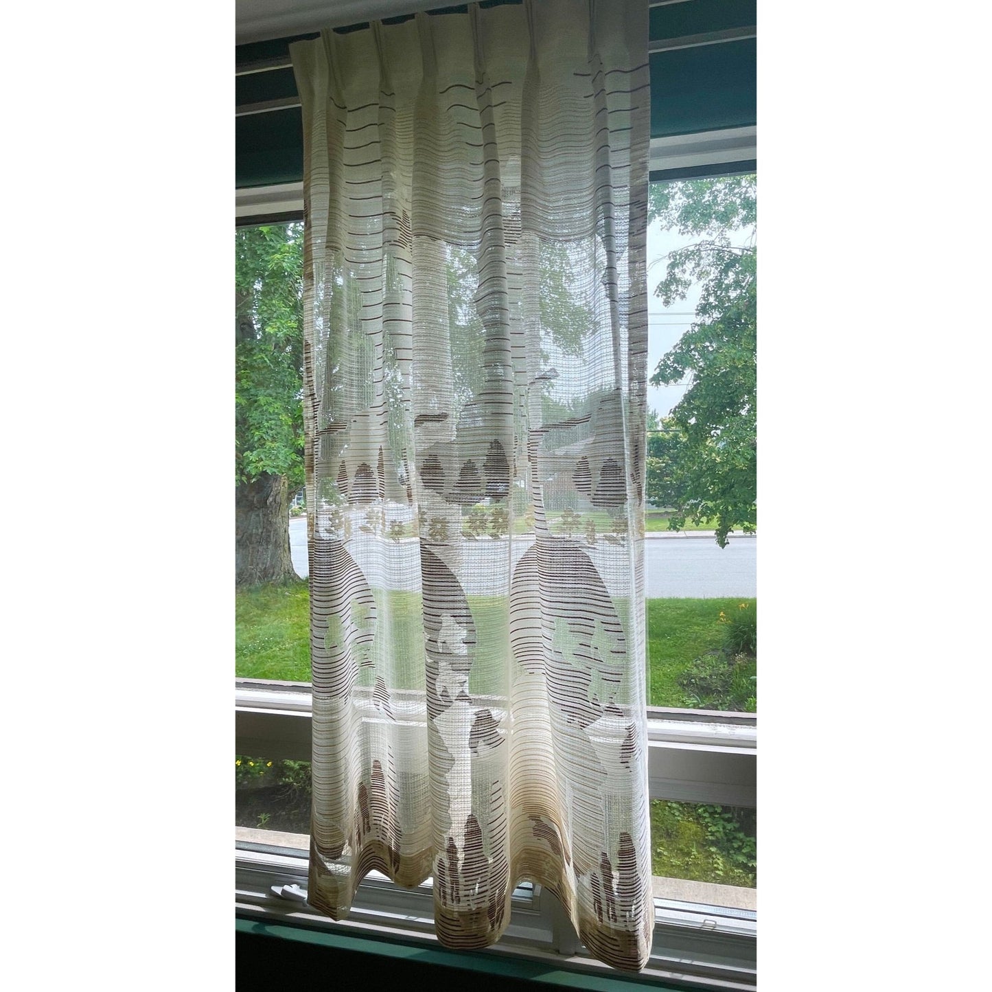 Vintage 80s pleated curtain, beige and brown artistic scenery, single panel