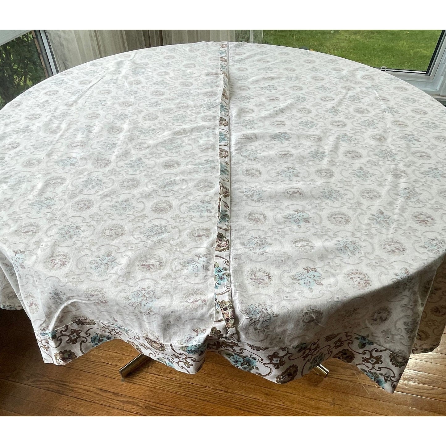 Vintage 50s curtain panel, cream blue gold pleated or rod pocket