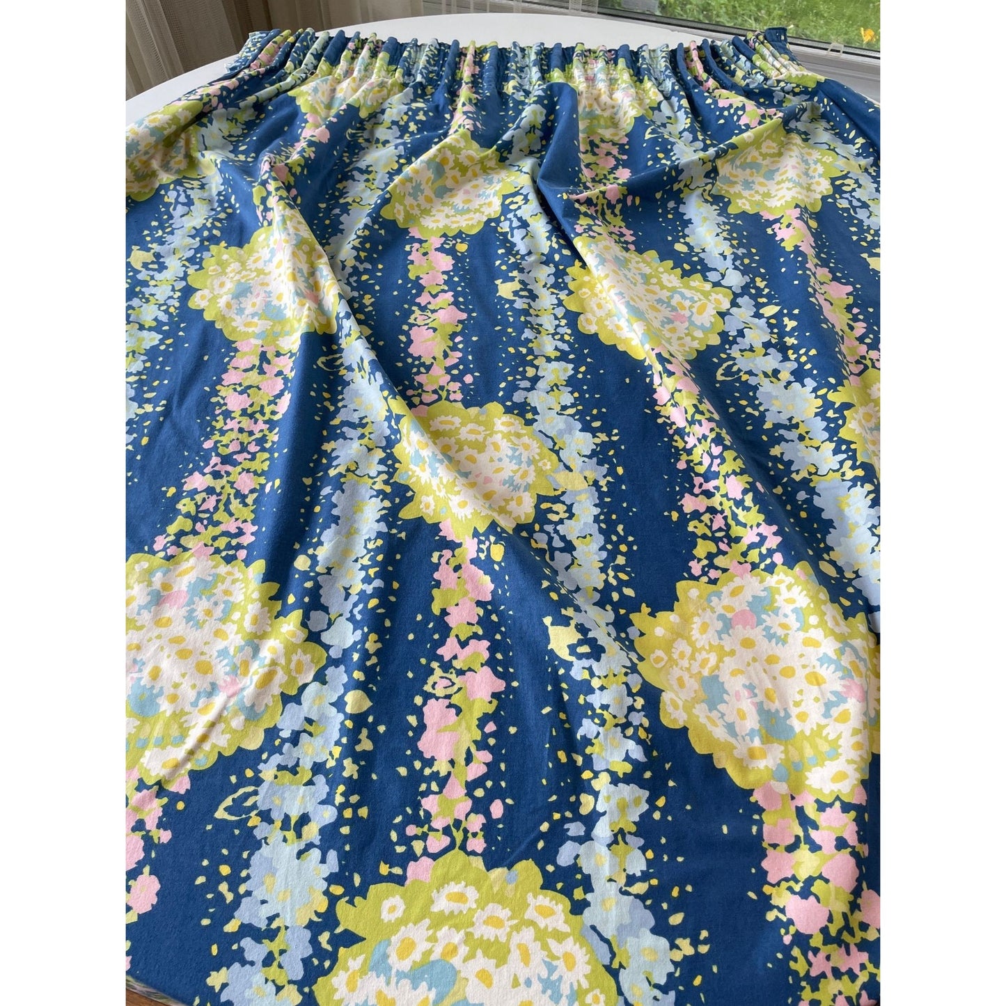 Vintage 80s pleated curtain, blue, green floral panel