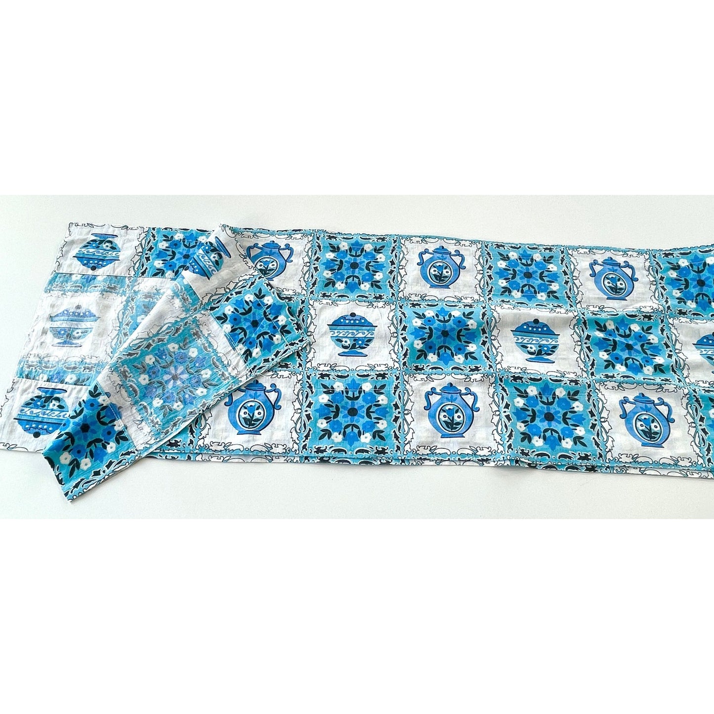 Vintage 70s curtain, blue and white valance