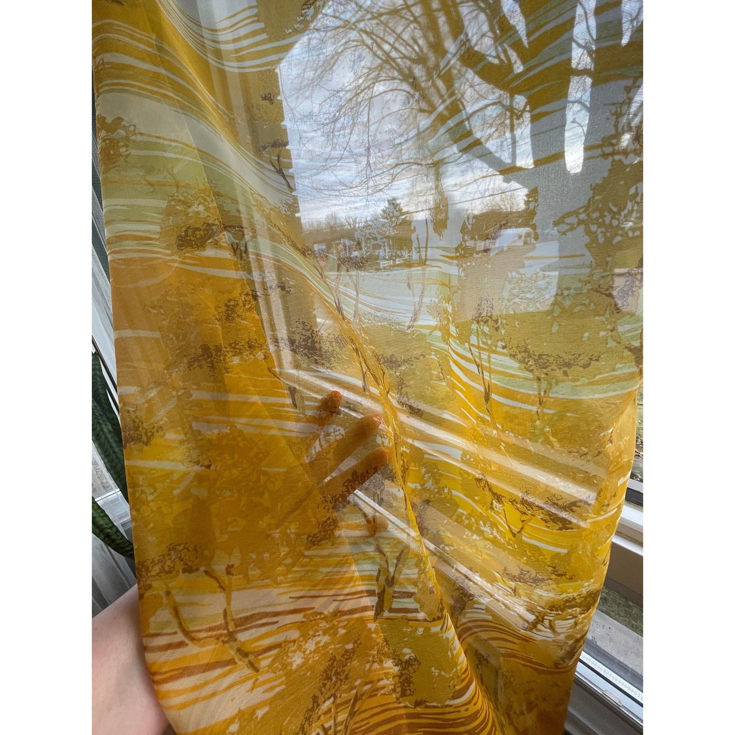 Vintage 70s curtains, green orange forest pattern, pair sheer panels