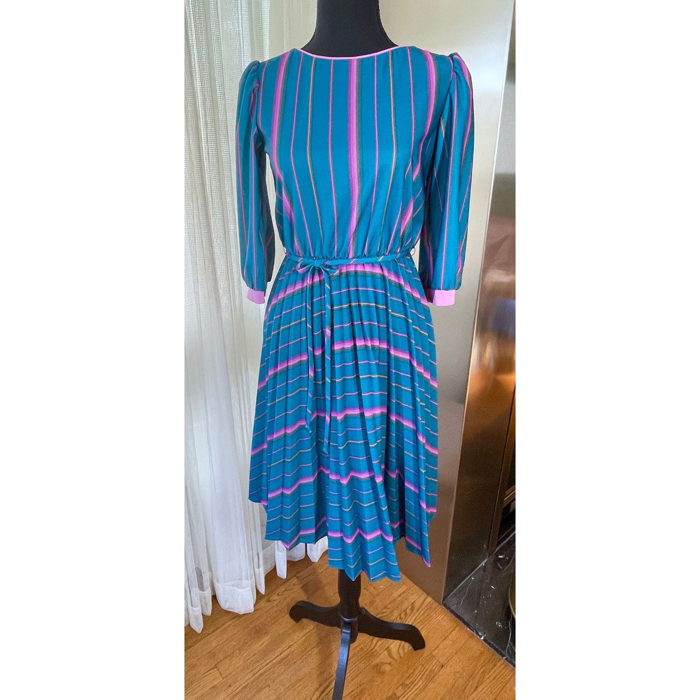 Vintage 80s dress, turquoise and pink stripes, long sleeves, pleated skirt