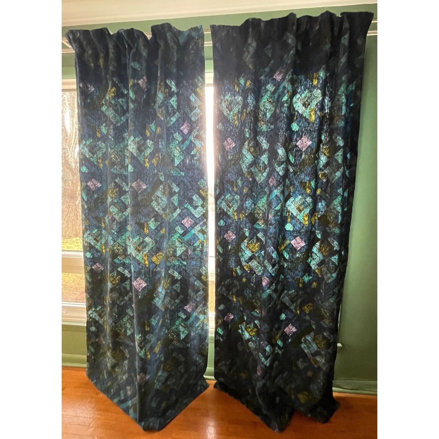 Vintage 70s pleated curtain, blue, green and purple geometric pattern