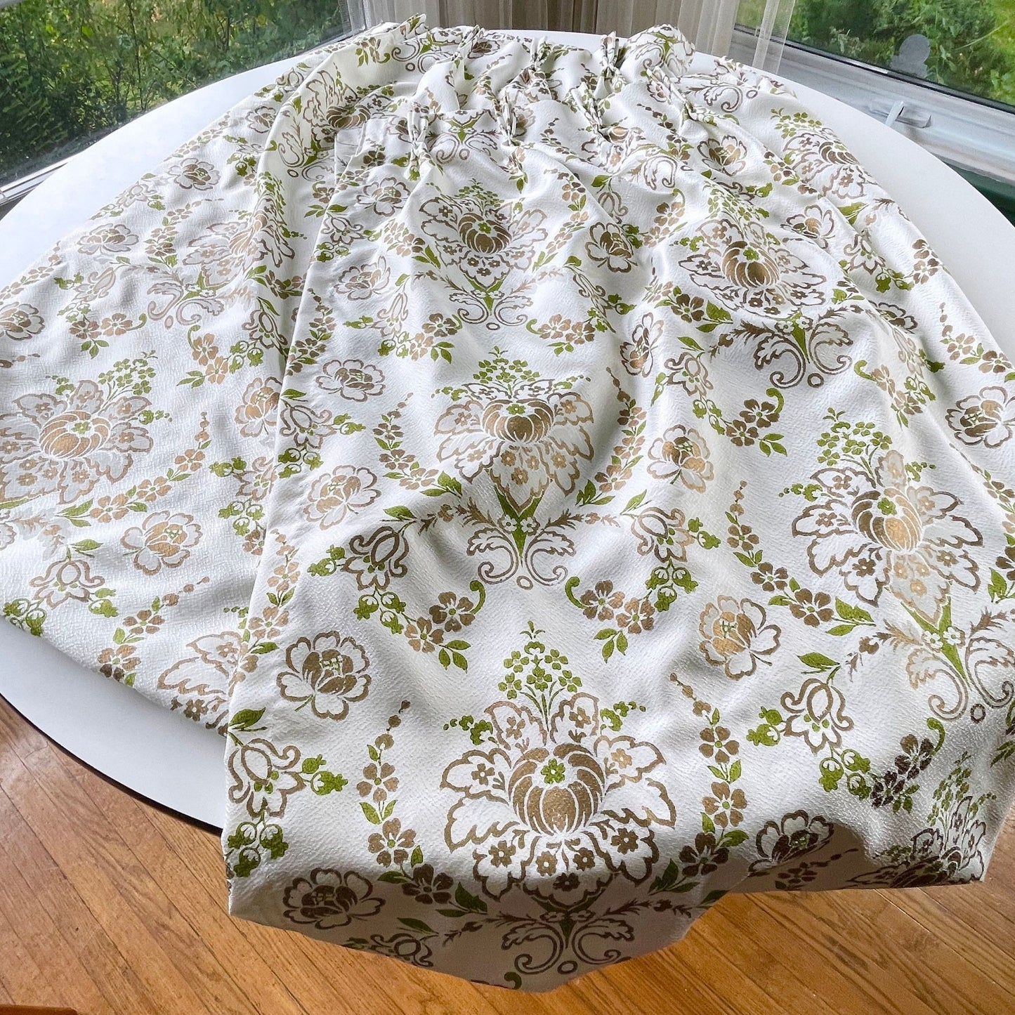 Vintage 60s pleated curtains, green and gold fiberglass panels