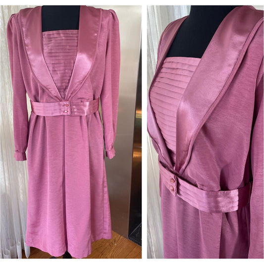 Vintage 80s gown, pink satin dress, long sleeves