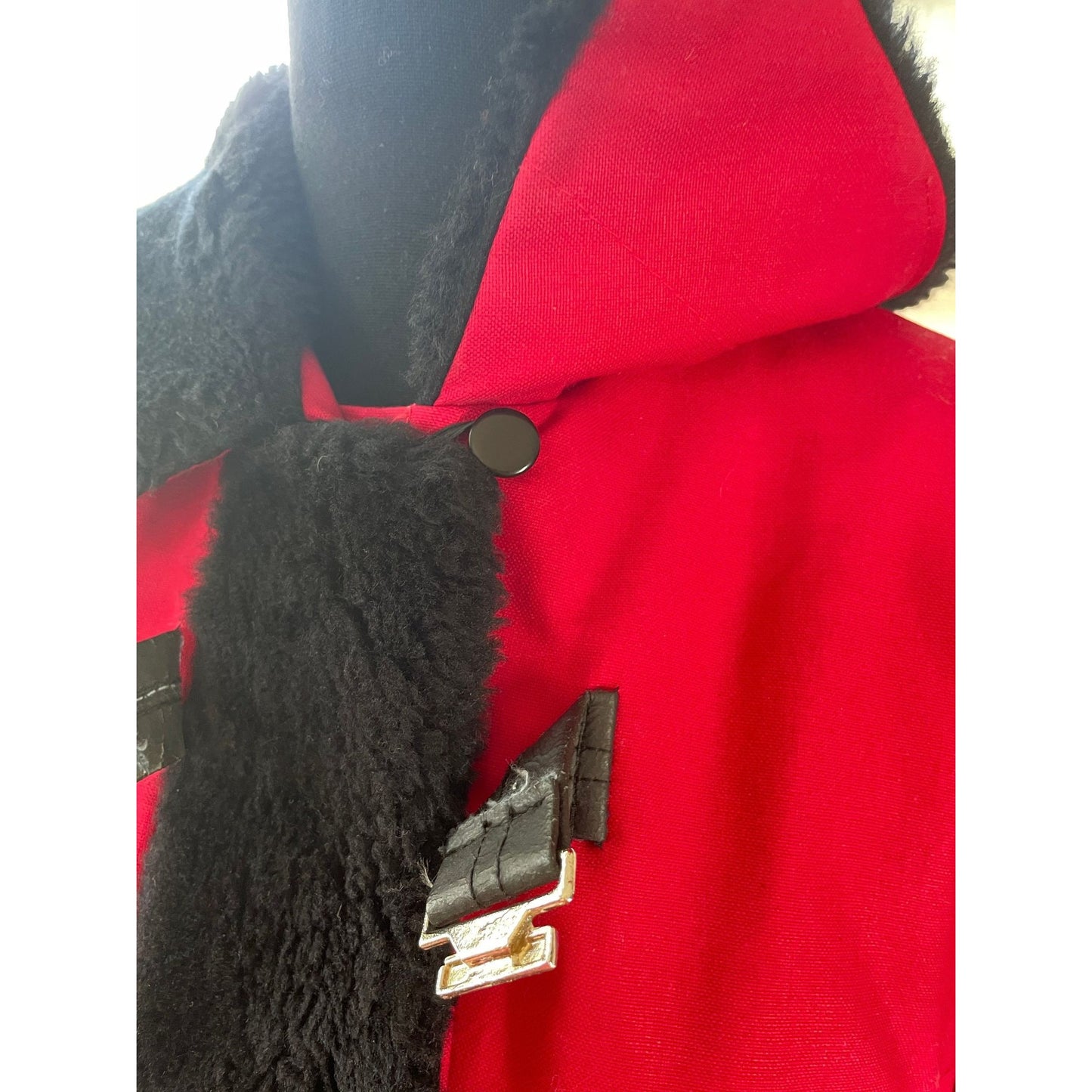 Vintage 80s ladies coat, red and black faux fur collar and cuffs, Niccolini