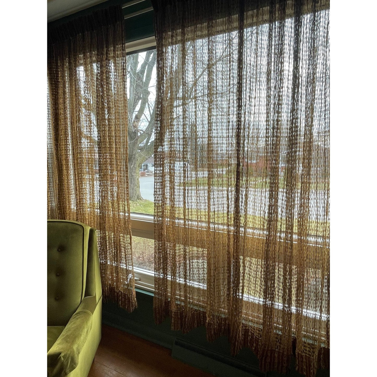 Vintage 70s net woven curtains, with tiebacks