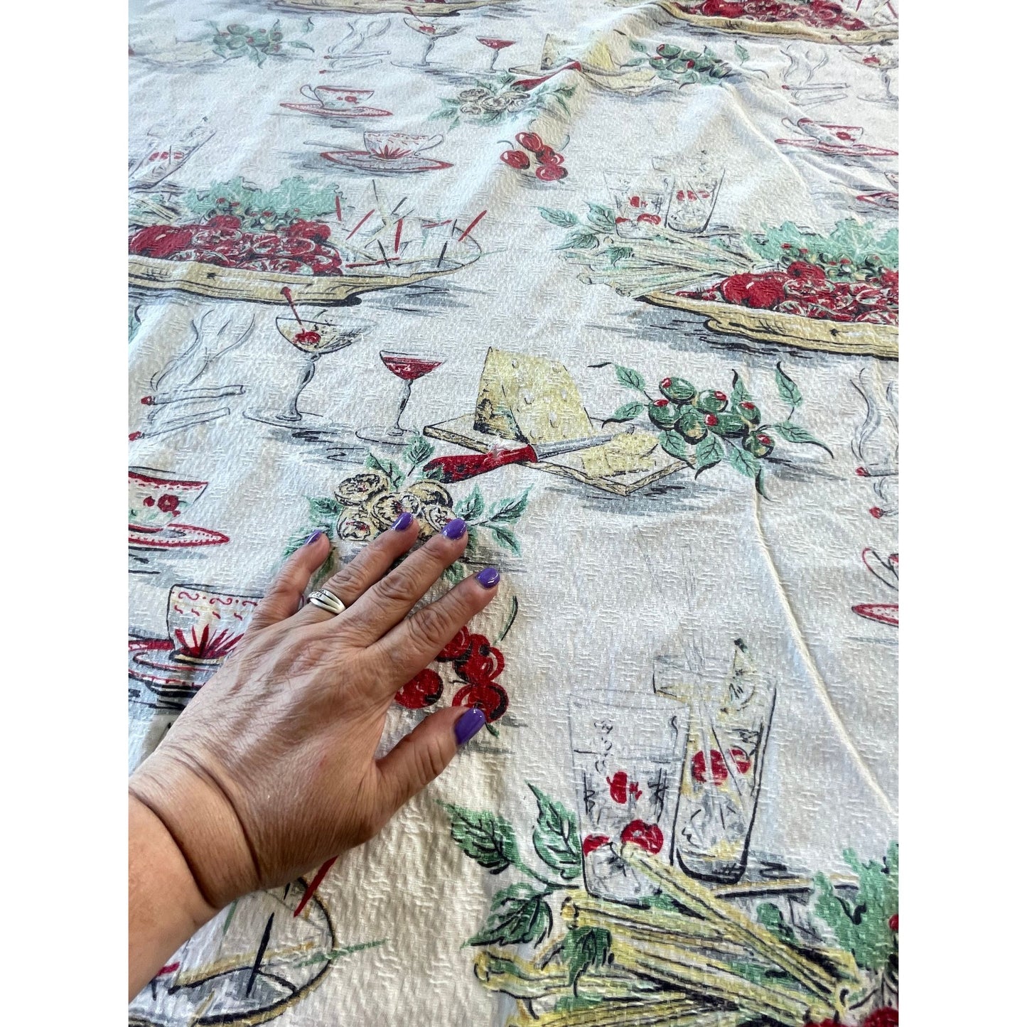 Vintage 50s barkcloth curtain, novelty print fruits, cocktails pattern panel