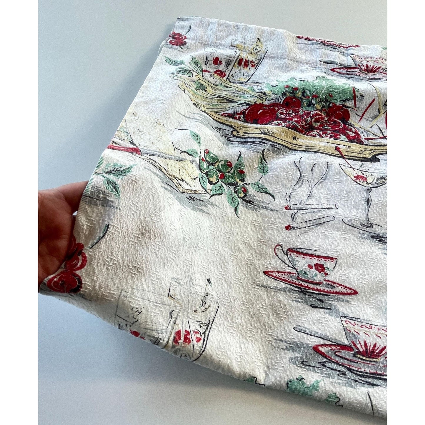 Vintage 50s barkcloth curtain, novelty print fruits, cocktails pattern panel