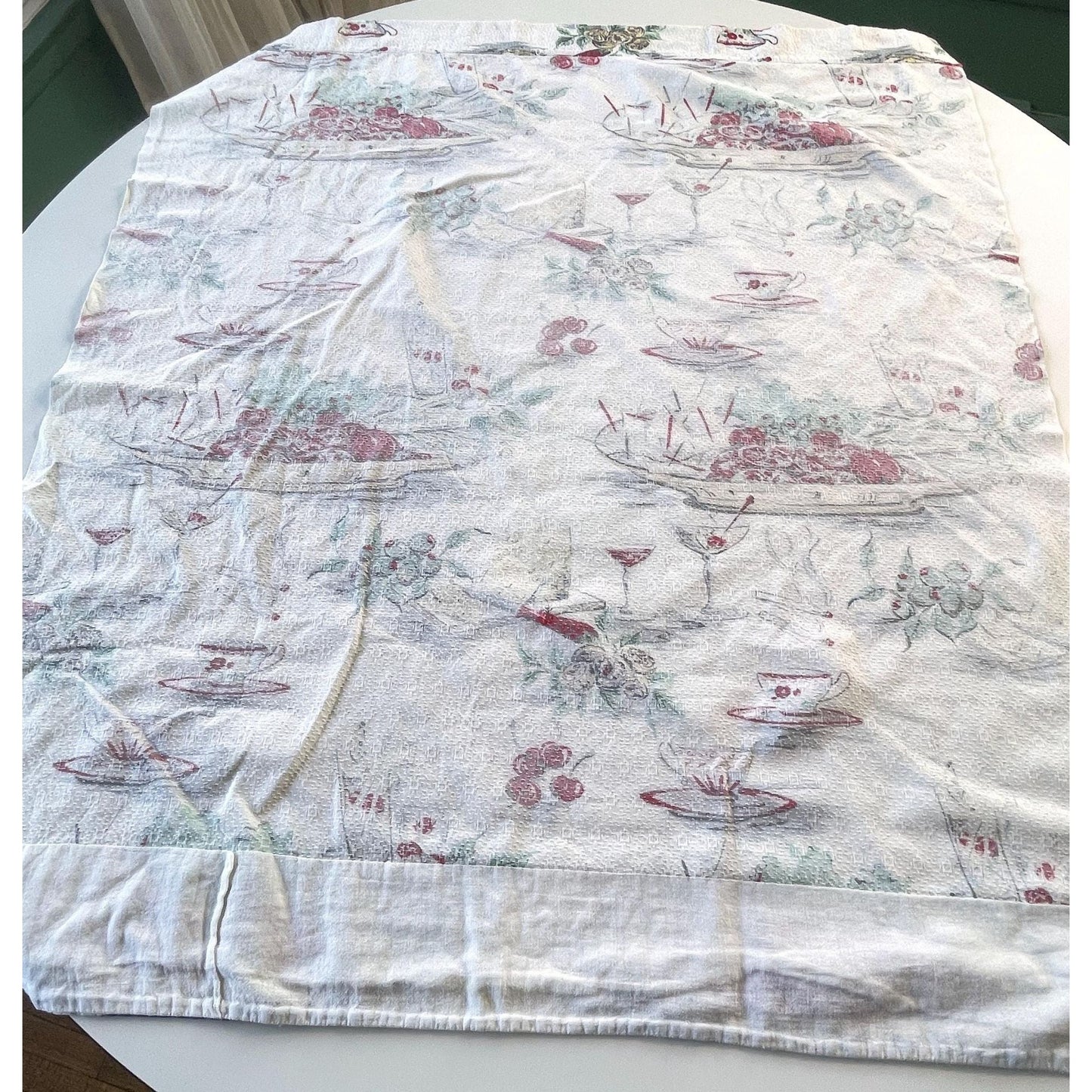 Vintage 50s barkcloth curtain, novelty print fruits, cocktails pattern panel