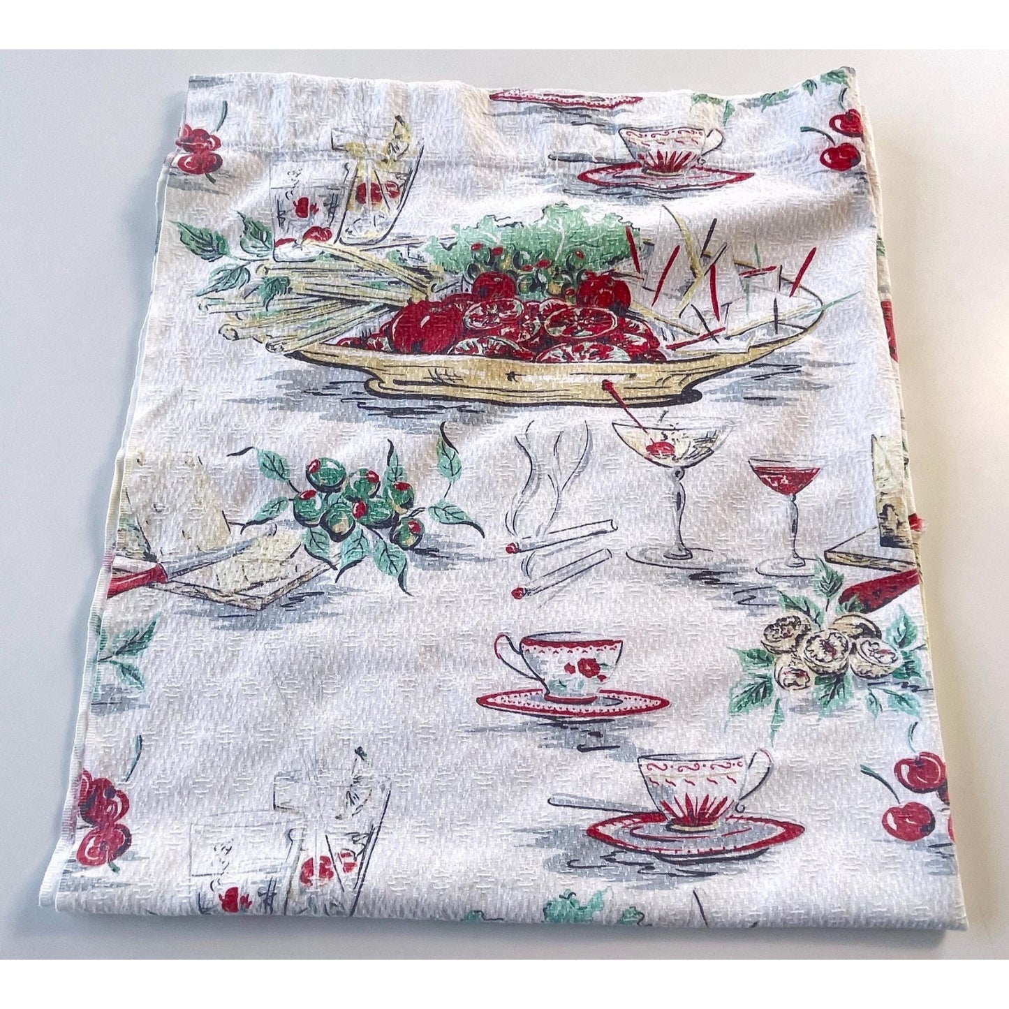Vintage 50s barkcloth curtain, novelty print fruits, cocktails pattern panel
