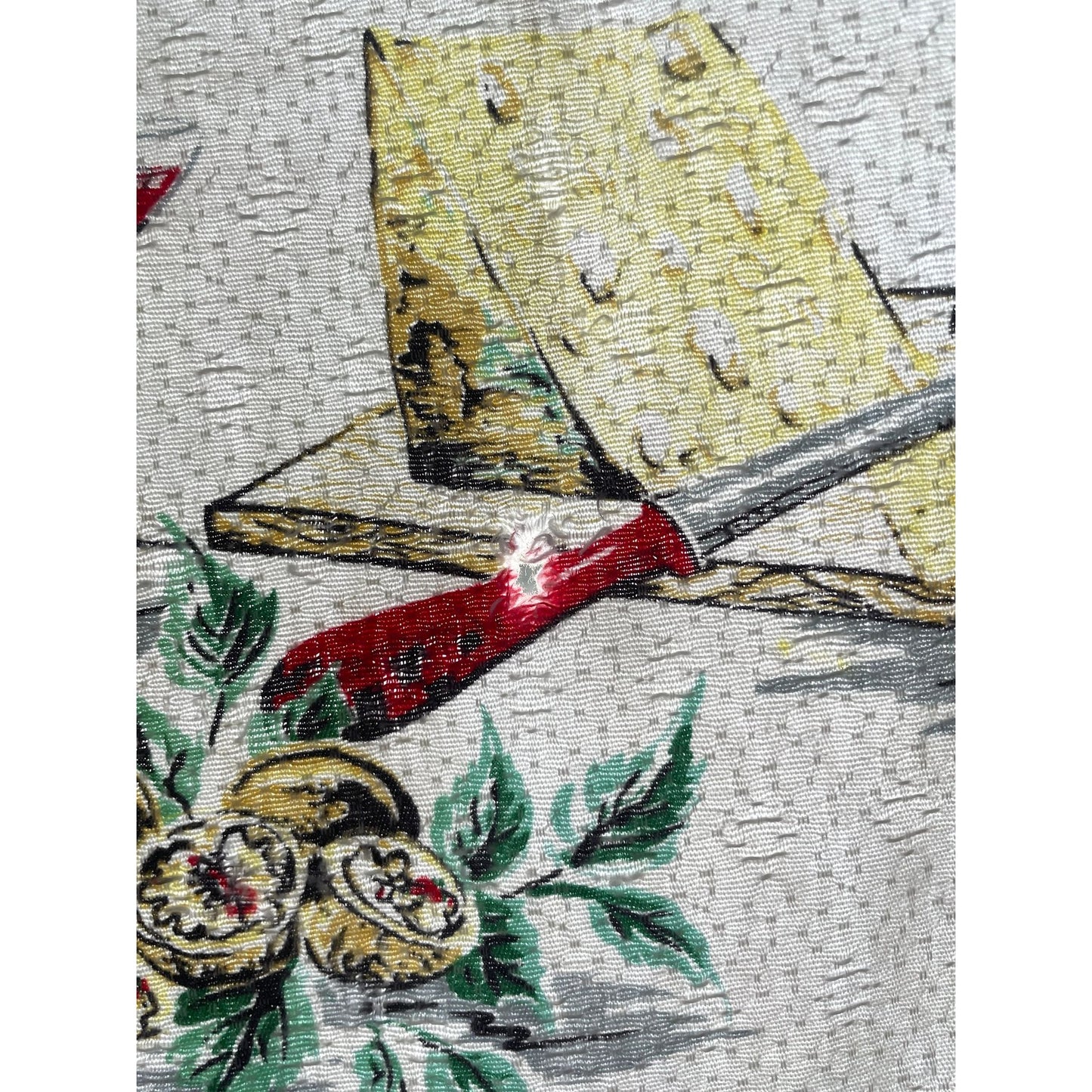 Vintage 50s barkcloth curtain, novelty print fruits, cocktails pattern panel