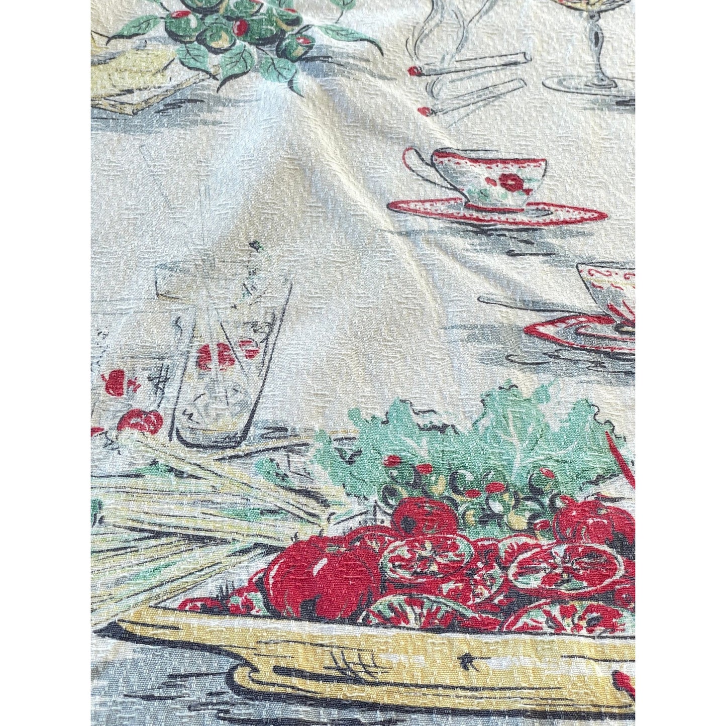 Vintage 50s barkcloth curtain, novelty print fruits, cocktails pattern panel