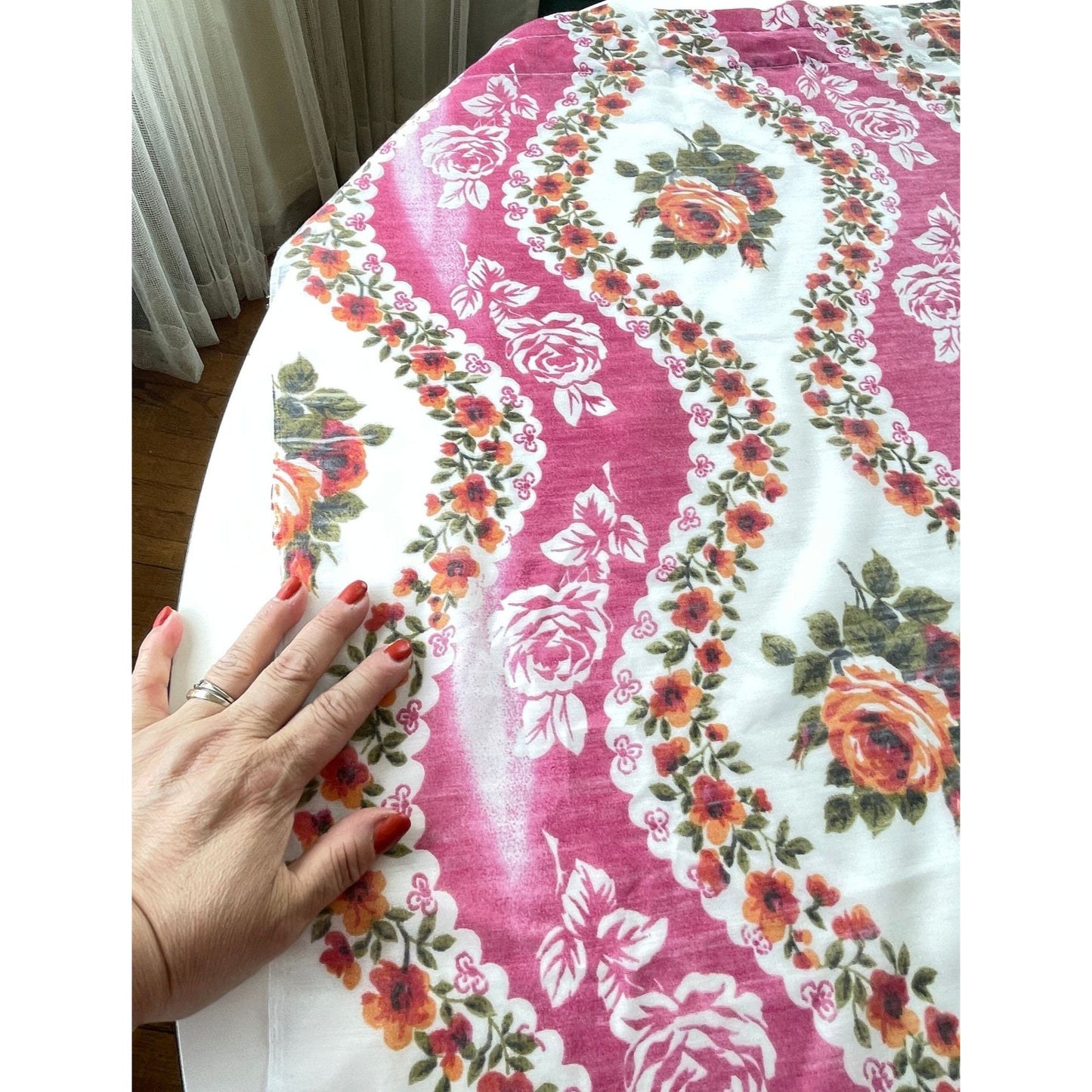 Vintage 70s curtains, pink floral sheer pair of panels