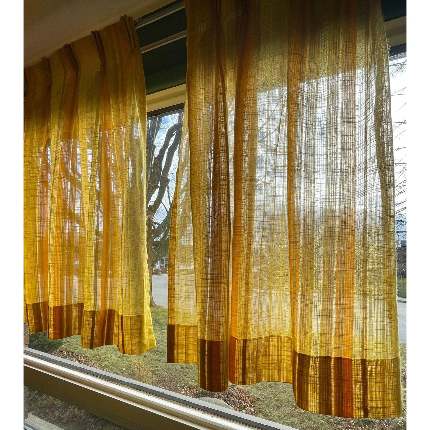 Vintage 70s pleated pair of curtains, yellow