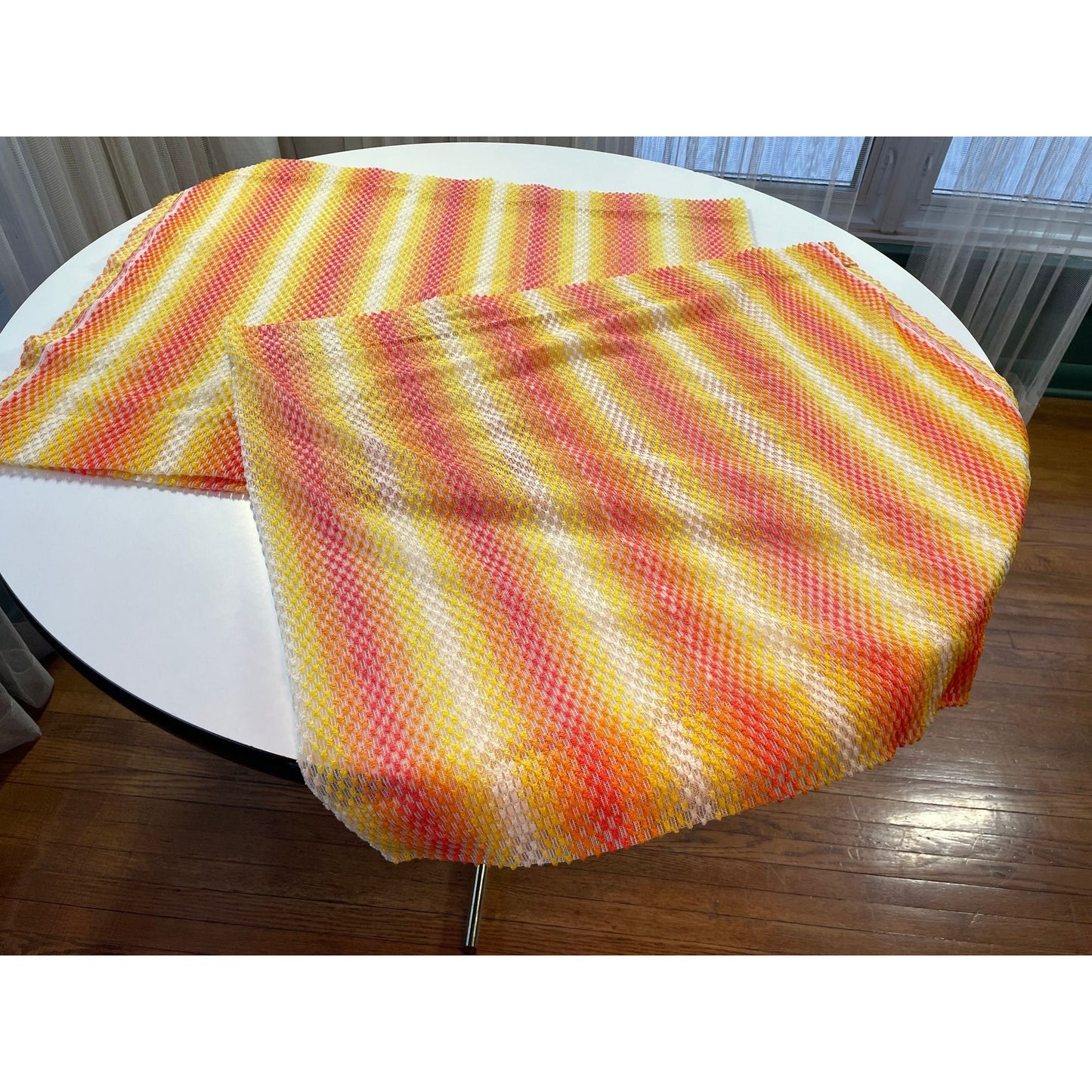 Vintage 70s curtain, orange yellow ombre pattern, mesh panel