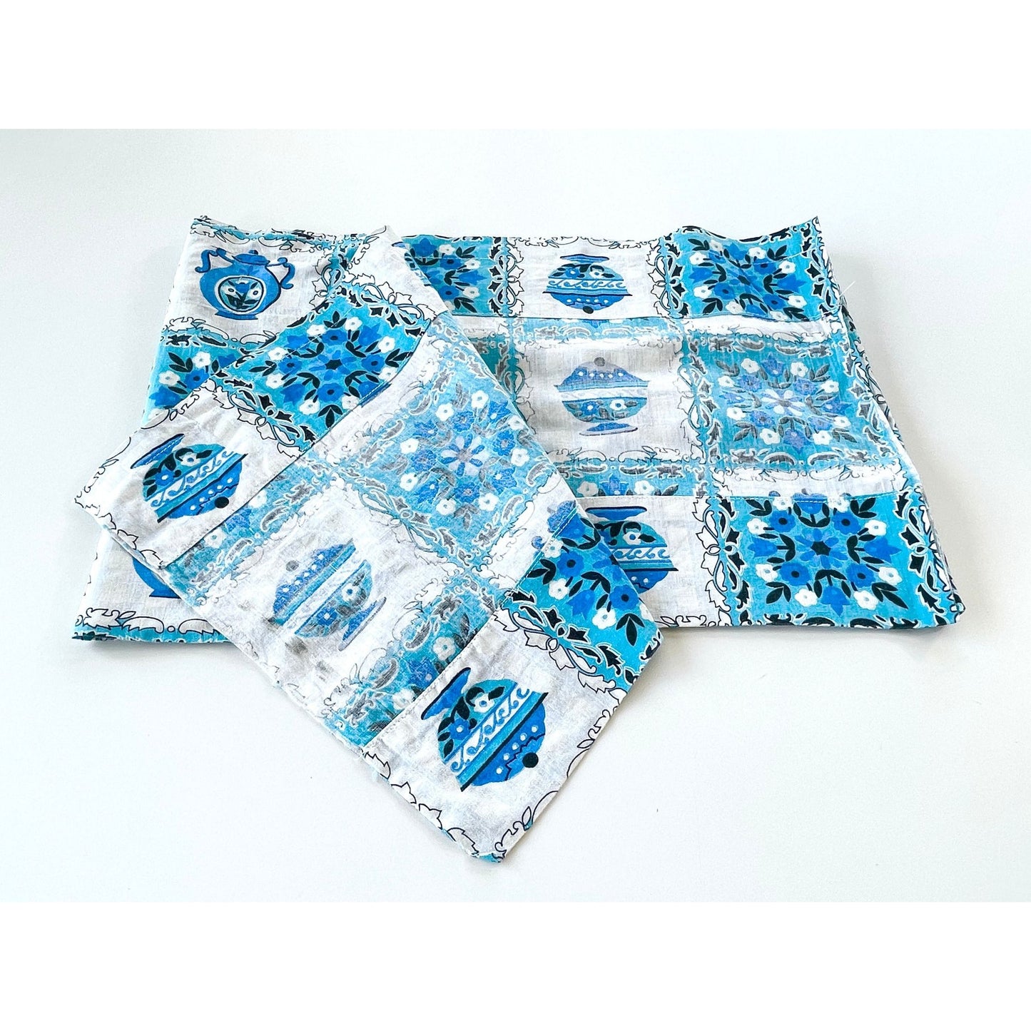 Vintage 70s curtain, blue and white valance