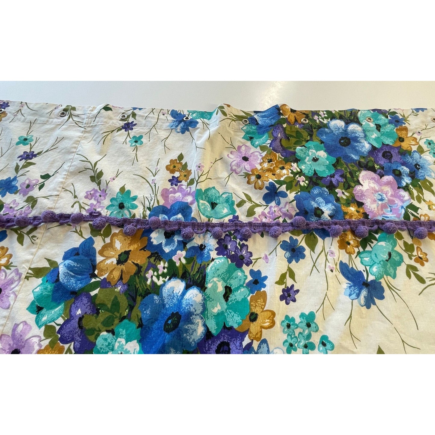 Vintage 70s purple and blue shower curtain, with valance and pom poms