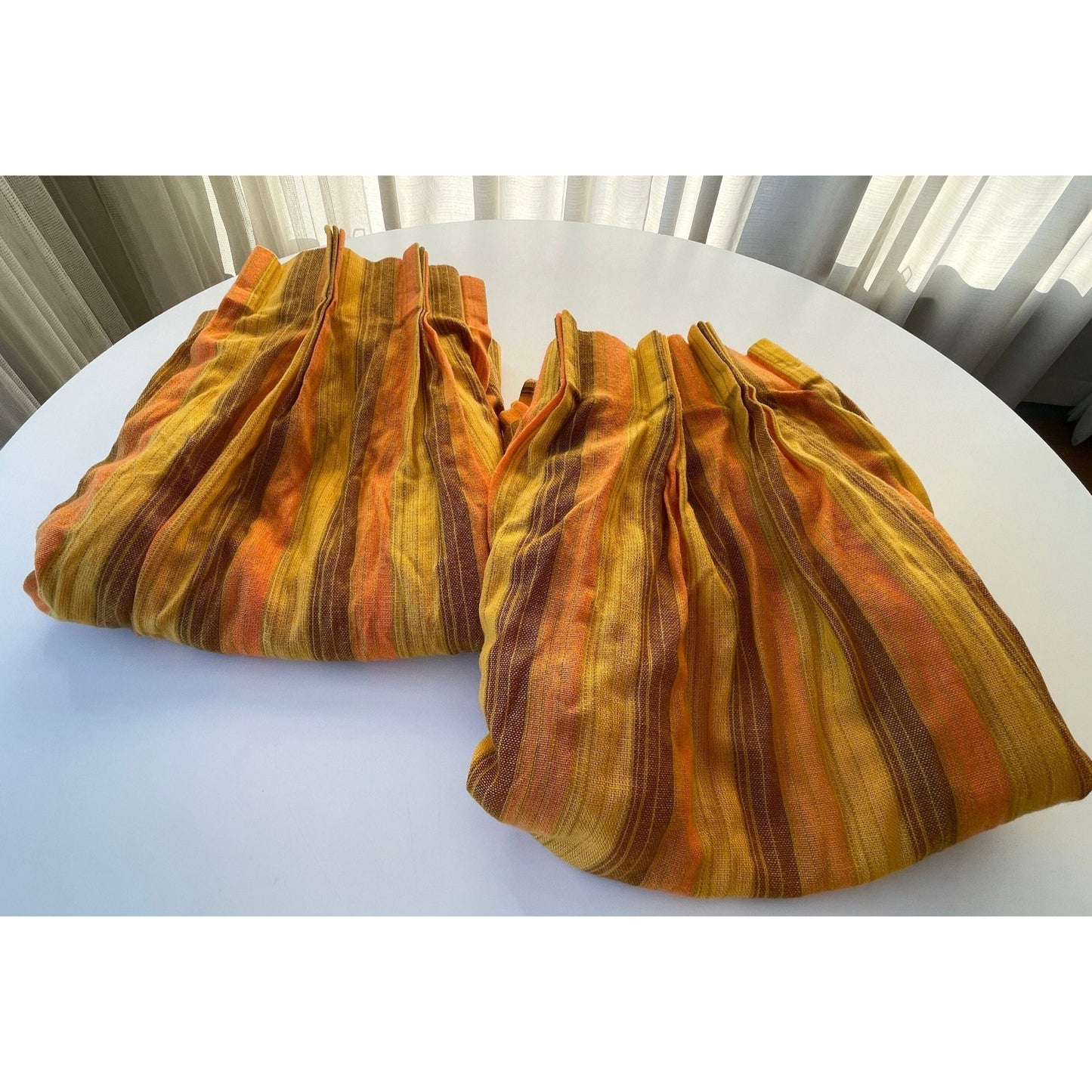 Vintage 70s pleated curtain, orange yellow stripes