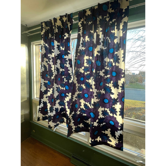 Vintage 70s pleated curtains, purple and blue flowers
