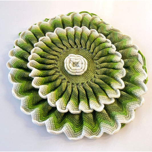 Vintage crocheted round decorative cushion sham, avocado green ombre