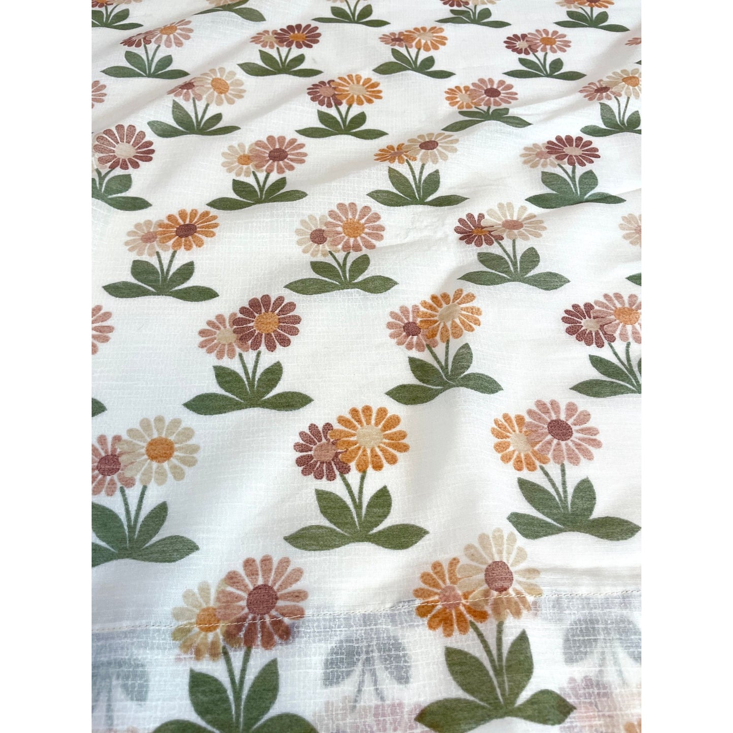Vintage 70s curtain, brown orange floral, sheer panel