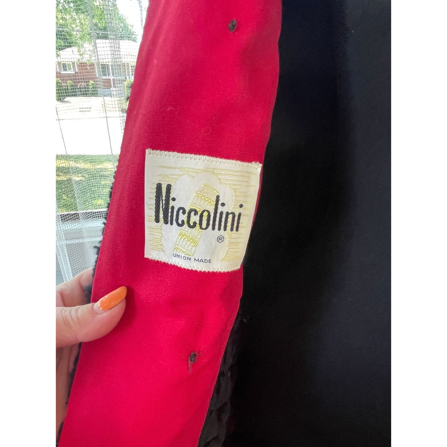 Vintage 80s ladies coat, red and black faux fur collar and cuffs, Niccolini