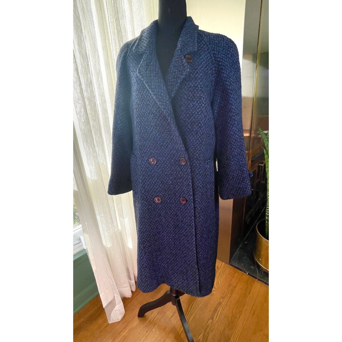 Vintage 80s tweed wool coat, navy and black oversized shoulders, HannaH Collection Coats
