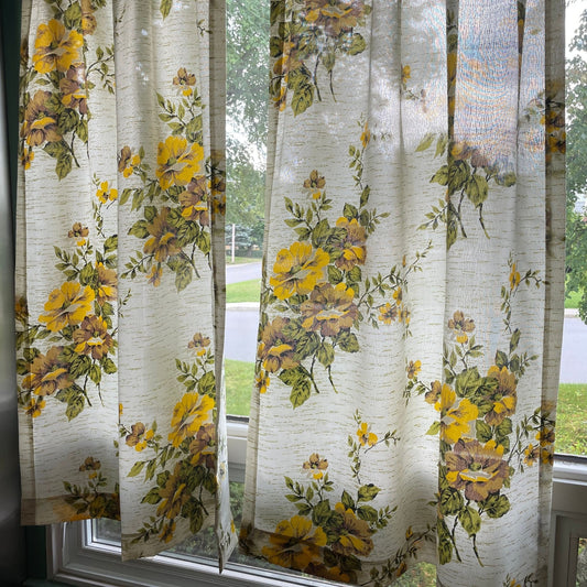 Vintage 60s pleated curtains, yellow bold floral fiberglass panels