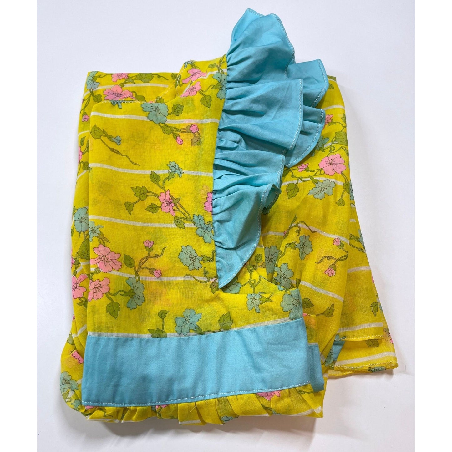 Vintage full apron, pink blue flowers, bright yellow
