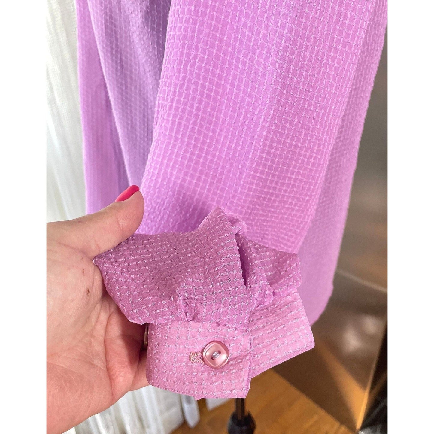 Vintage 80s sheer blouse, pink textured, long sleeves