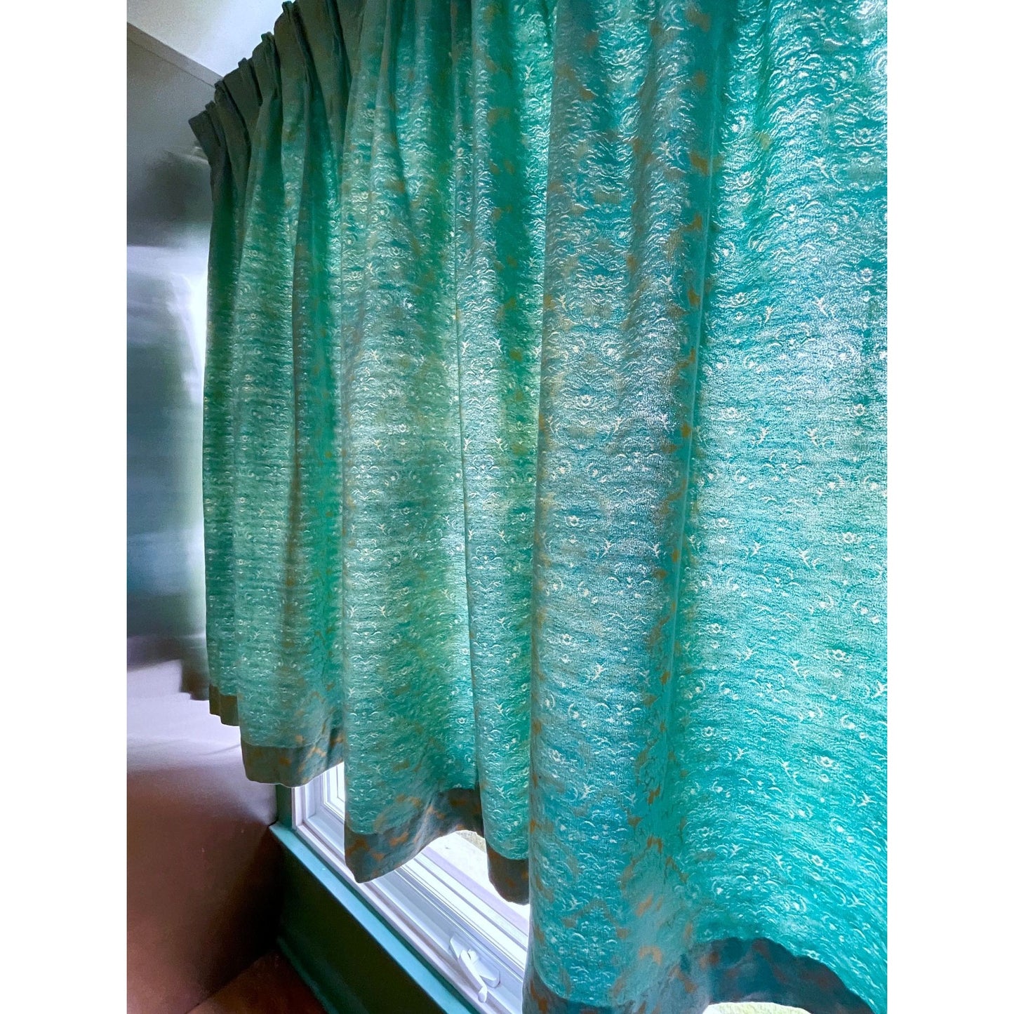 Vintage 60s pleated curtain, teal gold damask