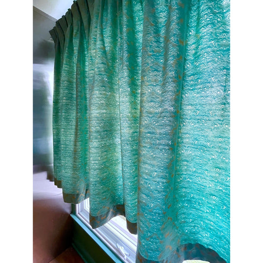 Vintage 60s pleated curtain, teal gold damask