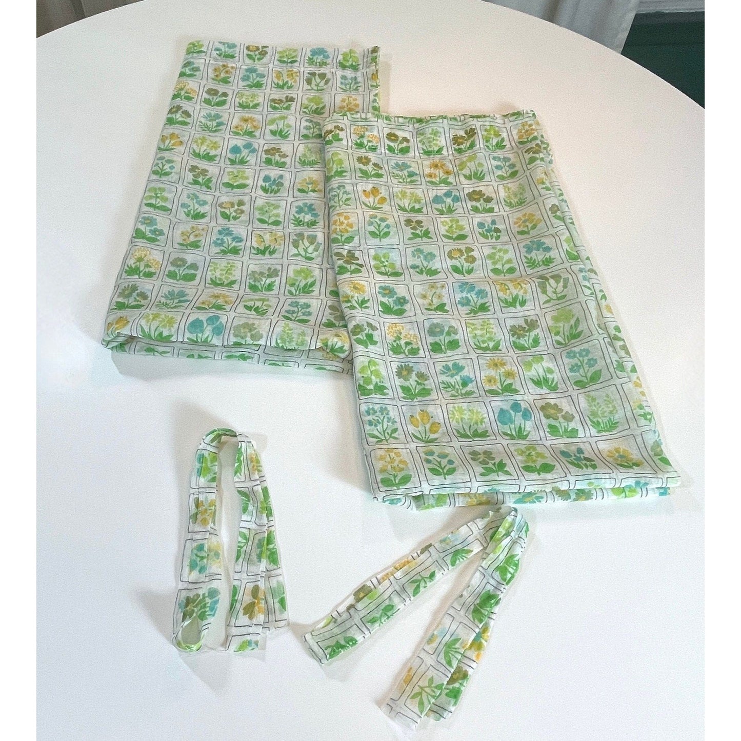 Vintage 80s curtains, sheer green yellow floral, pair with tiebacks