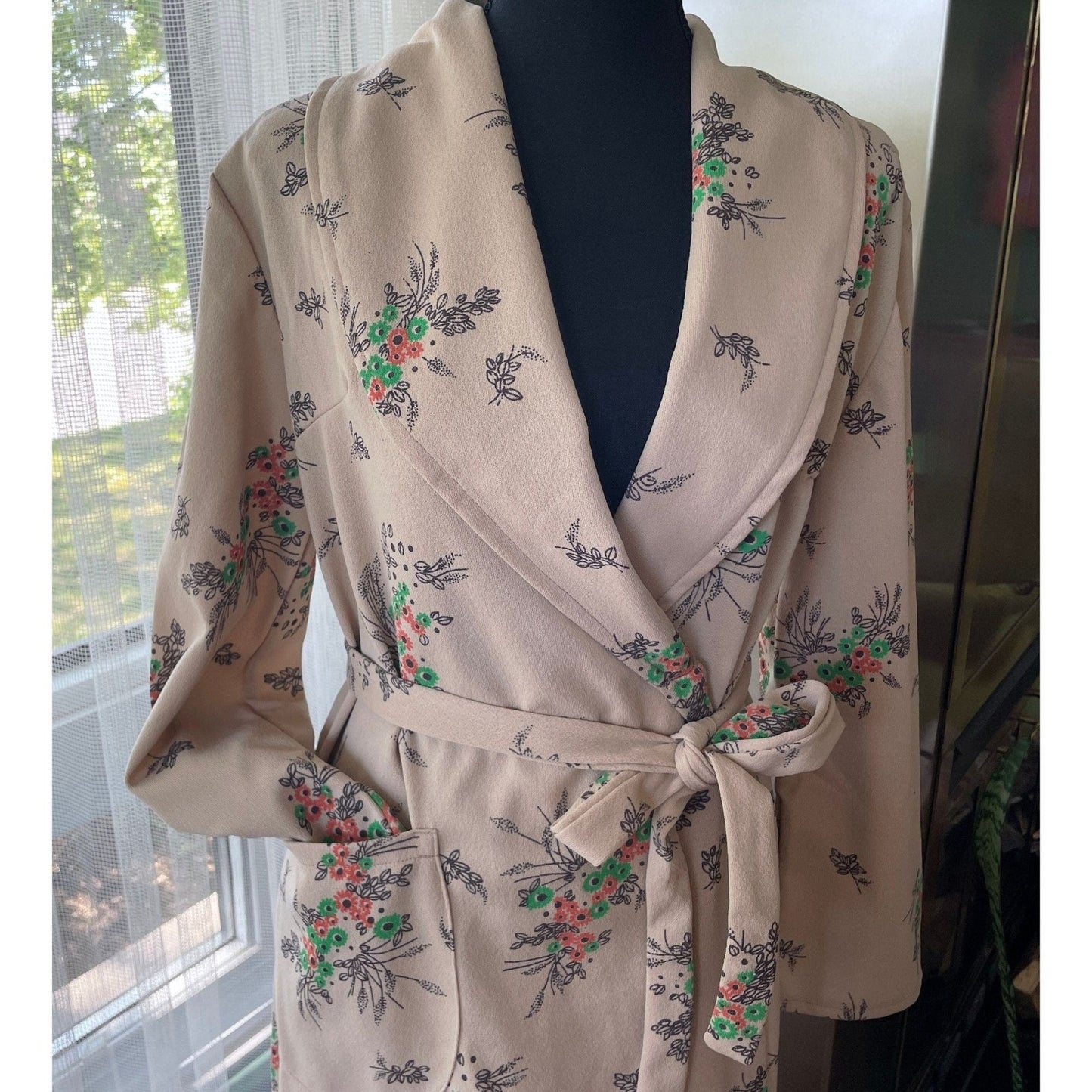 Vintage 70s house dress, light taupe with orange and green floral
