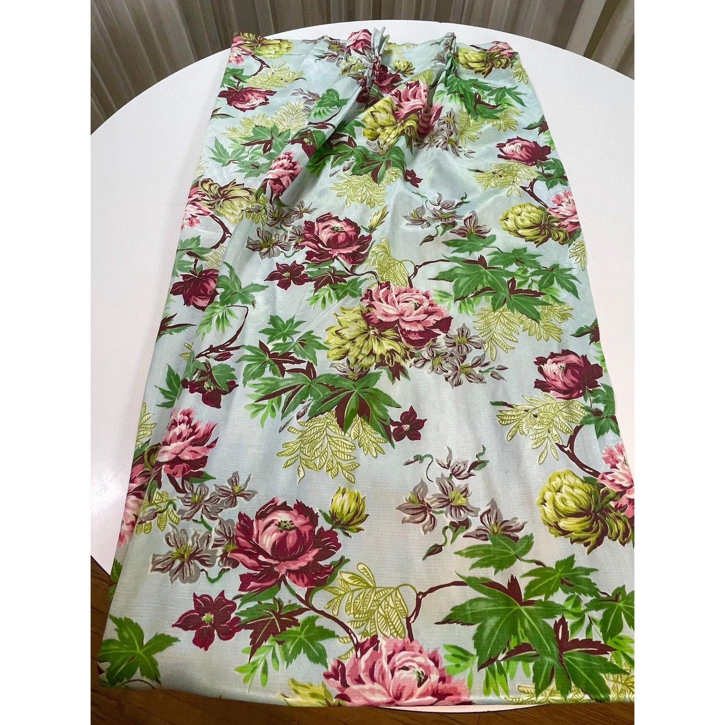 Vintage MCM pleated floral curtain panel, robin egg blue, pink yellow floral, greenery