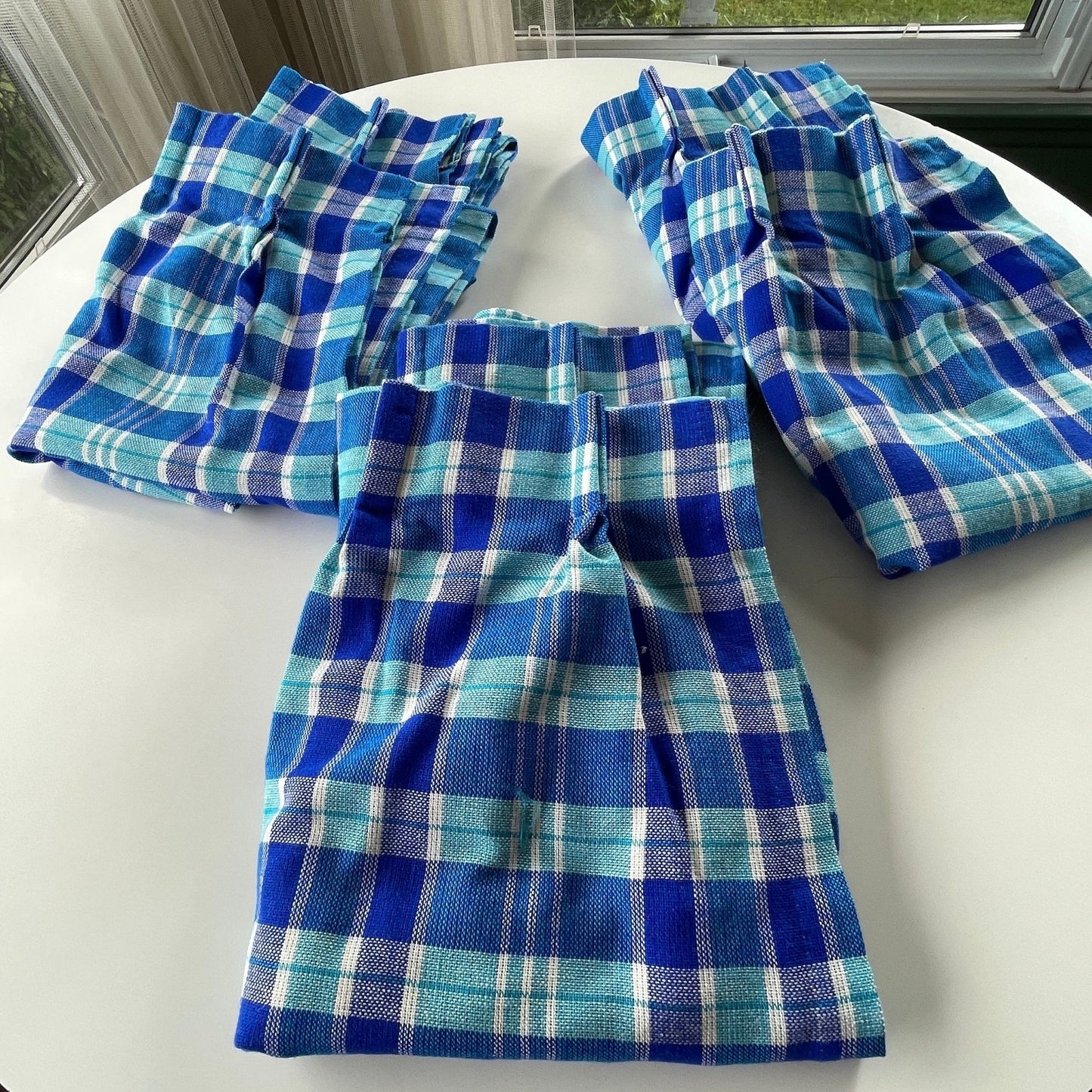 Vintage 80s pleated curtains, blue plaid, Sears